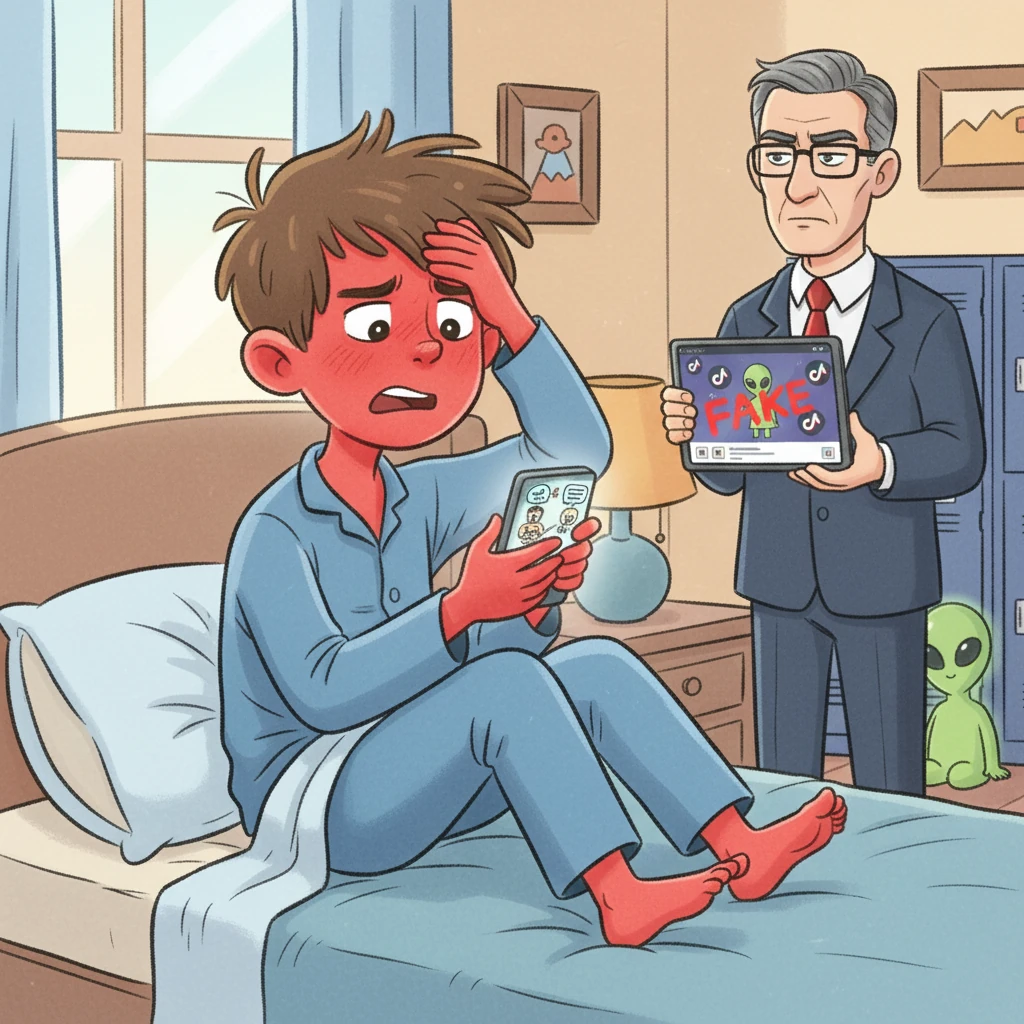 У шкільному чаті почалася паніка: учні ділилися враженнями, сперечалися, а Петрик уже планував полювання на прибульця. Раптом директор школи оголосив, що це був монтаж із TikTok. Петрик почервонів від збентеження.