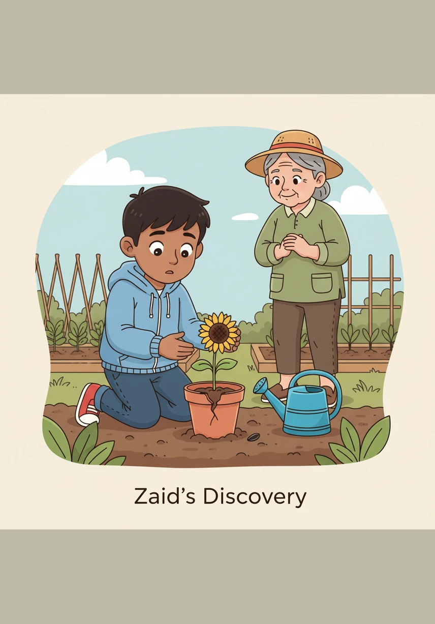 وجد زيد نبتة صغيرة وحيدة في زاوية الشارع، كانت أوراقها ذابلة ولونها شاحبًا للغاية. شعر زيد بالحزن تجاهها وقرر أن يحملها برفق بين يديه ويأخذها معه إلى المنزل ليعتني بها.