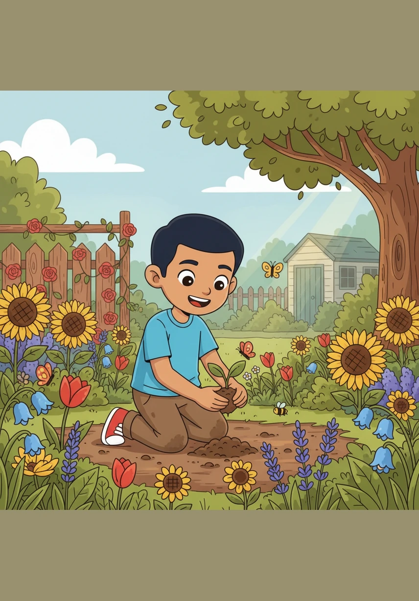 أحضر زيد وعاءً جديدًا وملونًا، وبدأ بملئه بالتربة الغنية والمفيدة لنمو النباتات. تعلم في هذه اللحظة أن الجذور القوية هي سر جمال أي نبتة، فهي التي تمنحها القوة من تحت الأرض.