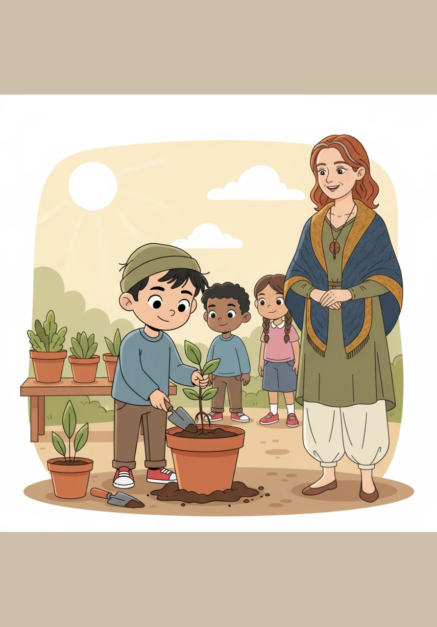 وضع زيد النبتة في وعائها الجديد بحذر شديد، وكأنه يضع طفلاً صغيرًا في سريره الدافئ. تأكد من أن التربة تغطي الجذور تمامًا ليشعرها بالأمان والاستقرار في بيئتها الجديدة.