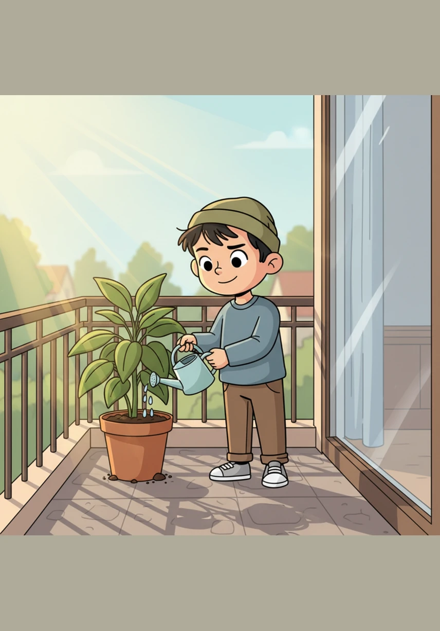 نقل زيد النبتة إلى شرفة غرفته حيث تصل خيوط الشمس الذهبية الدافئة في كل صباح. سقاها بقطرات قليلة ومنعشة من الماء، وهو يراقبها بأمل كبير يملأ قلبه الصغير.