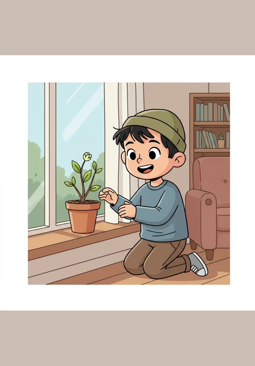 مرت الأيام وزيد يراقب صديقته النبتة كل يوم باهتمام وصبر كبيرين. بدأت الأوراق الخضراء اليانعة تظهر من جديد، وخرج برعم صغير لطيف يختبئ بين الأغصان الصغيرة.