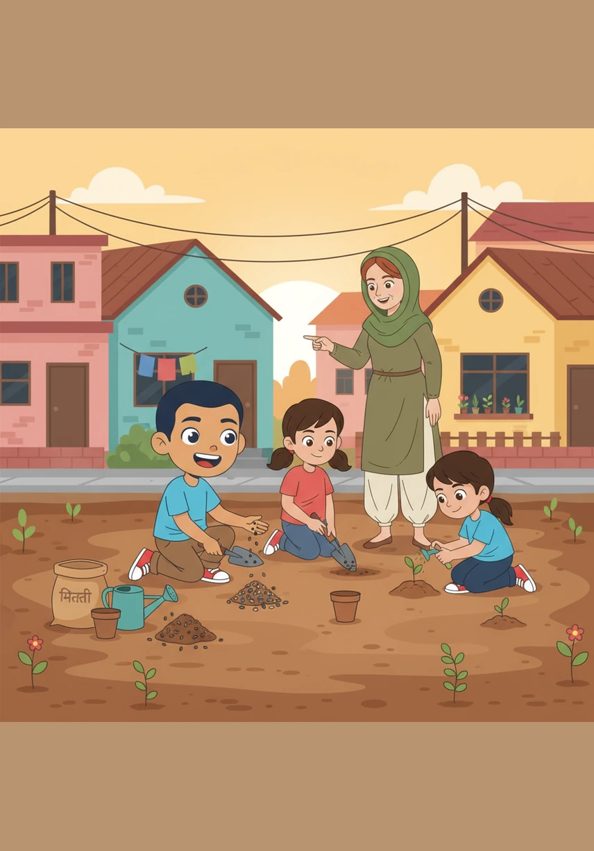 لم يكتفِ زيد بنبتة واحدة، بل قرر أن ينشر هذا الجمال في كل مكان حوله. بدأ بجمع بذور متنوعة وأدوات زراعة بسيطة ليحول الساحة الترابية المهجورة أمام منزله إلى جنة خضراء.