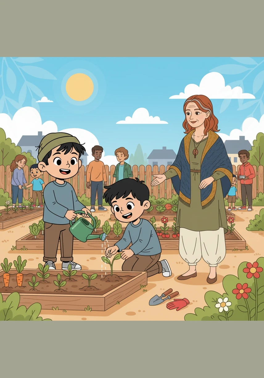 انضم أصدقاء الحي إلى زيد، وبدأ الجميع بالتعاون معاً لغرس البذور وسقيها بانتظام كل يوم. تعلم الأطفال معاً قيمة العمل الجماعي وكيف يمكن لجهودهم الصغيرة أن تصنع تغييراً كبيراً وجميلاً.