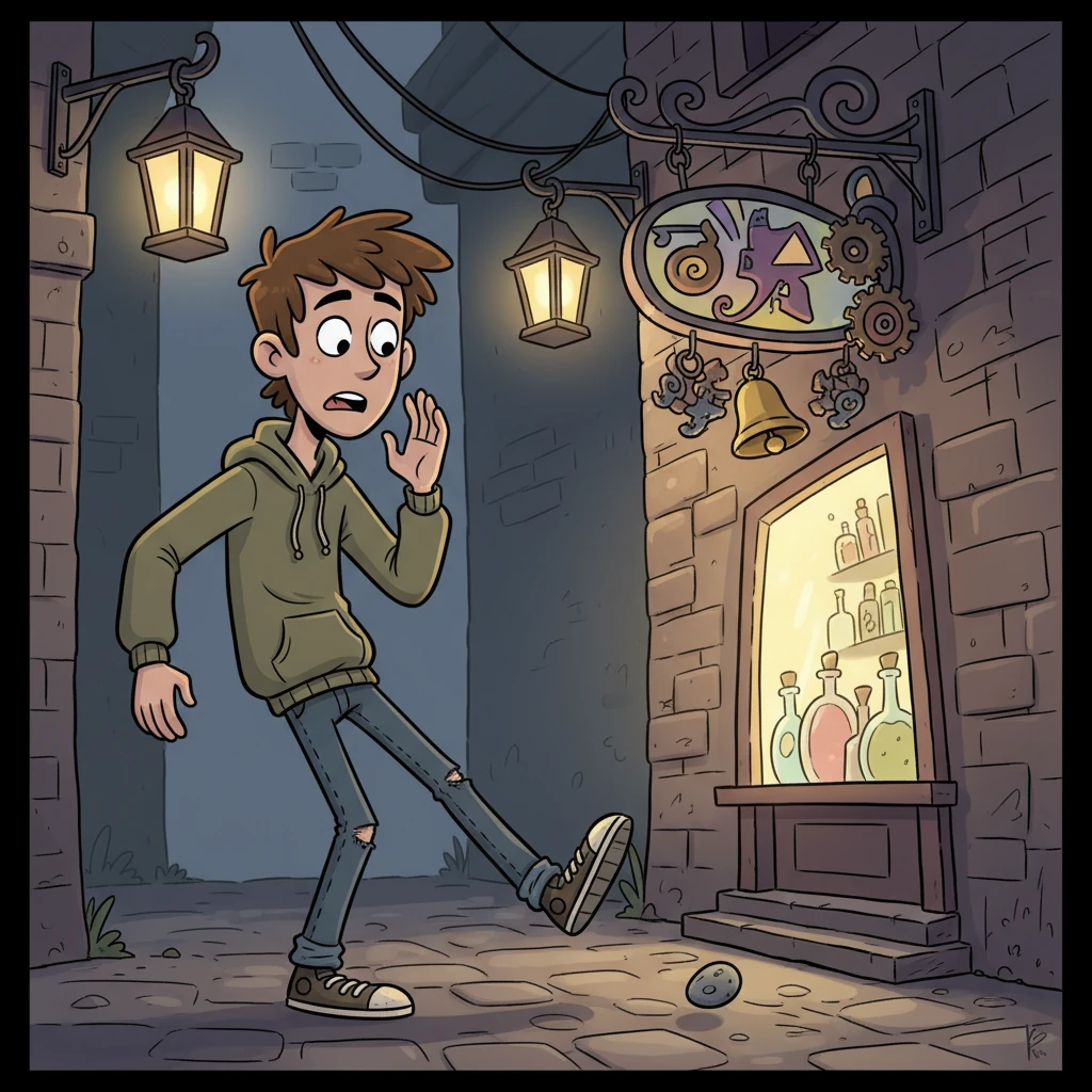 Leo, a lanky teenager with a perpetually bored expression, aimlessly kicks a pebble down a dim alley. Despite his easy smile, a hollow feeling often echoed inside him. Suddenly, a quirky, brightly lit shop sign, adorned with whimsical swirling letters, jingles playfully as the pebble hits it: "The Emotion Shop – No Returns!" Leo's eyes widen in surprise.