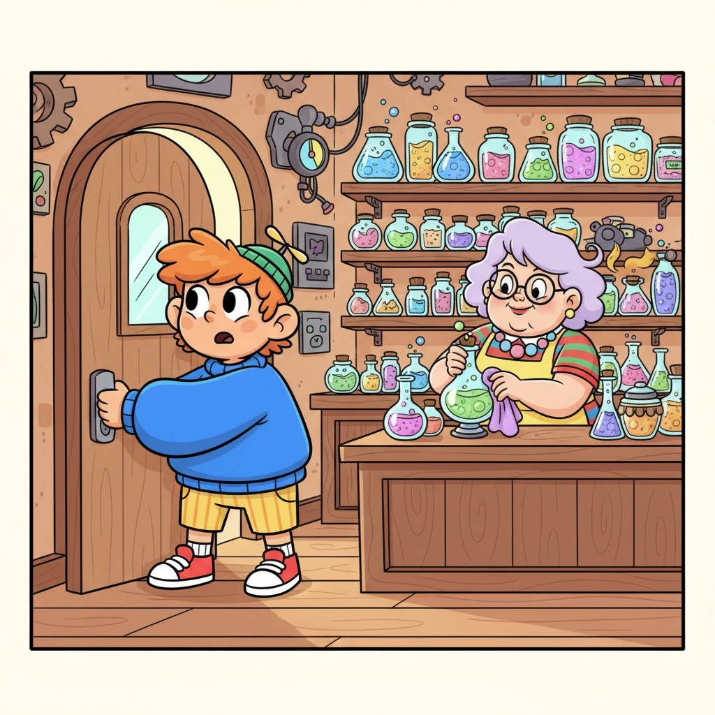 Pushing open the creaky, cartoonishly oversized door, Leo steps into a shop filled with colorful, bubbling jars and peculiar gadgets. Behind a counter, a mysterious Shop Owner, with kind yet piercing eyes and a knowing smile, gently polishes a glass. Without looking up, she asks in a soft, melodic voice, "What emotion are you looking for, dear?" Leo hesitates, then asks for something that would shield him from pain, sadness, and worries.