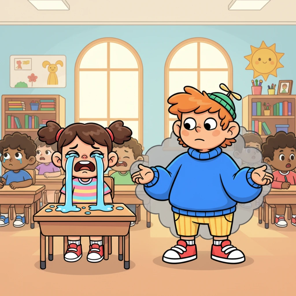 With a gentle snap of the Shop Owner's fingers, the shop dissolves into a vibrant, bustling classroom. A classmate sobs loudly at a desk, tears comically streaming down their face, sharing news about their father leaving. Leo, now imbued with Apathy's influence, merely shrugs, his expression utterly flat. "That's... your problem, isn't it?" he remarks, completely unmoved.