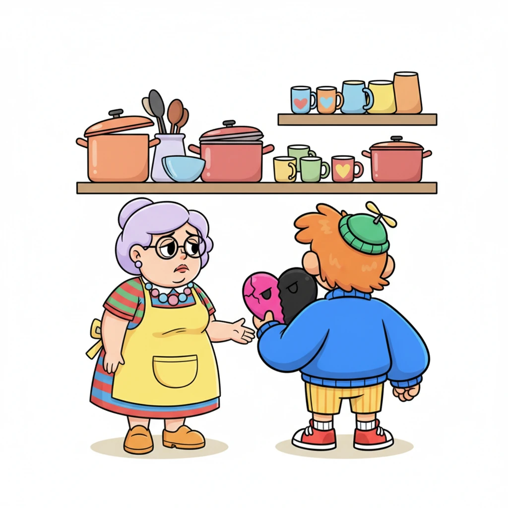 The scene shifts again, this time to a cozy, slightly cluttered kitchen. Leo's mother, drawn with exaggerated weariness, gently asks him for help. Leo, still under Apathy's spell, turns away with a cold, sharp retort: "I'm busy." His mother's face falls, her vibrant colors dimming slightly. A flicker of unease crosses Leo's face, a tiny crack in his newfound indifference. He feels... even emptier than before.