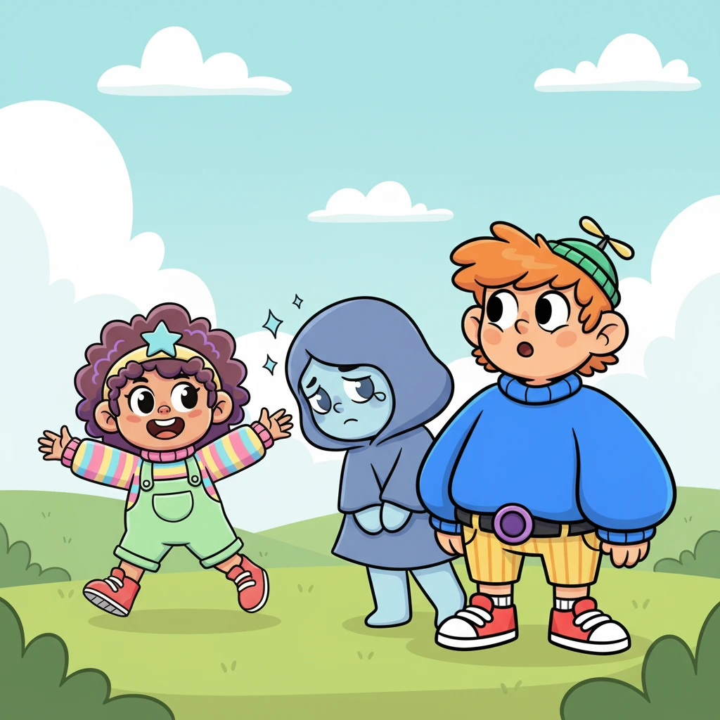 Trailing behind Happiness, a soft, muted blue figure slowly shuffles forward: Sadness. Its eyes are downcast, and its posture is a gentle slump, yet its gaze holds a deep, quiet sincerity. "But if you only ever smile," Sadness murmurs, its voice a gentle sigh, "where would your tears go? How would you know you truly cared?" Leo finds himself listening intently, a new curiosity sparking in his heart.