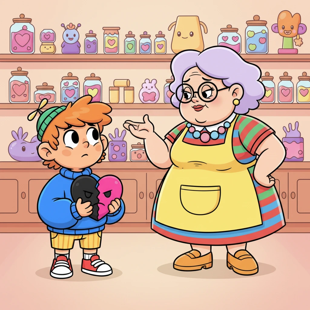 The Shop Owner, observing the scene, steps forward, her voice resonating with ancient wisdom. "People don't hurt because they have emotions, dear," she explains, her gaze soft but firm. "They hurt because they don't know how to face their emotions." Leo stands silently for a long moment, the words sinking deep into his soul, a whirlwind of new thoughts swirling in his expressive eyes.