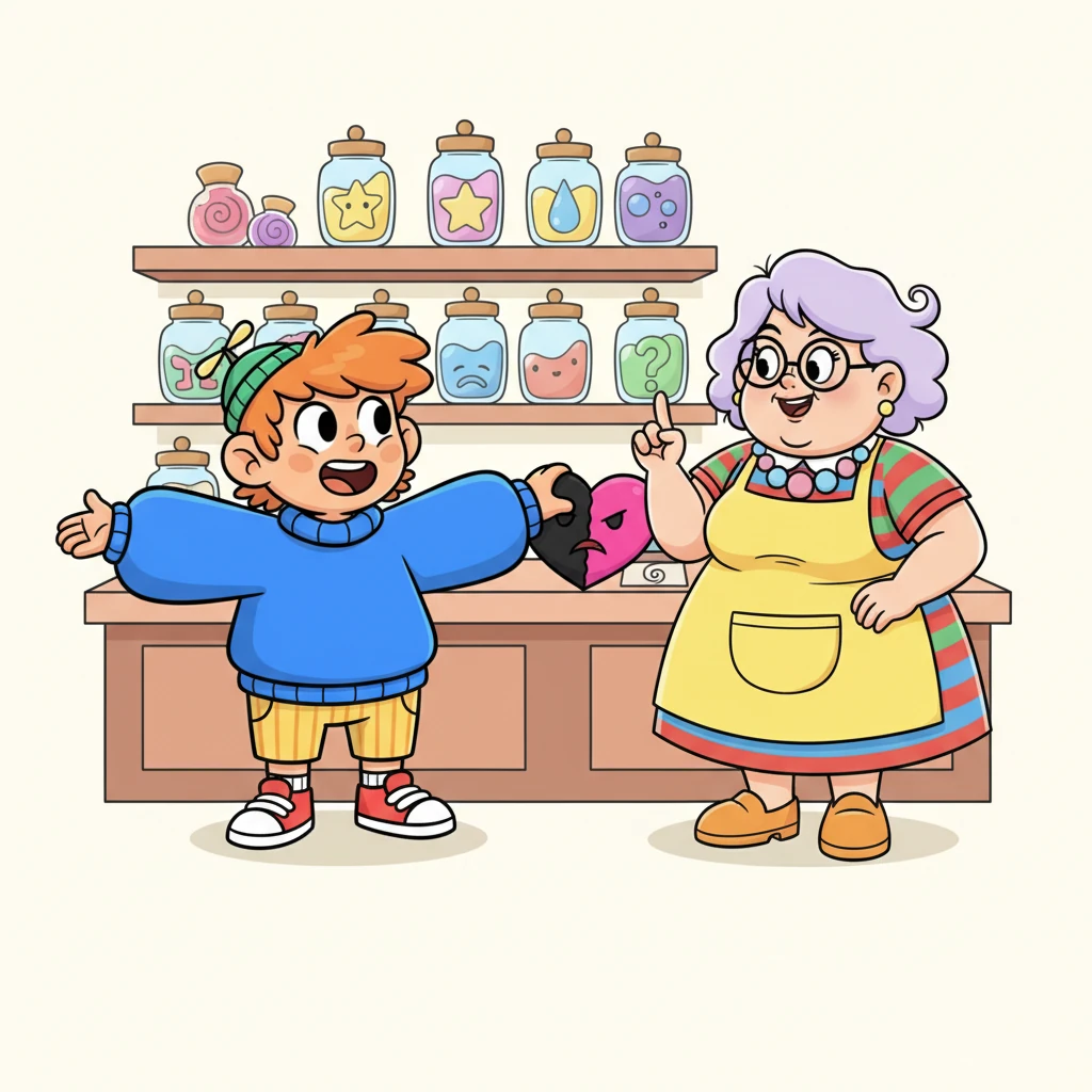 After a long pause, Leo looks up, a new resolve in his eyes. "What if I bought... all of them?" he asks, gesturing towards the array of emotions. The Shop Owner smiles, a knowing twinkle in her eye. "No package deals, young one. Life is about mixing them yourself." Leo nods slowly, understanding dawning, as he gently pushes Apathy back towards its designated spot.