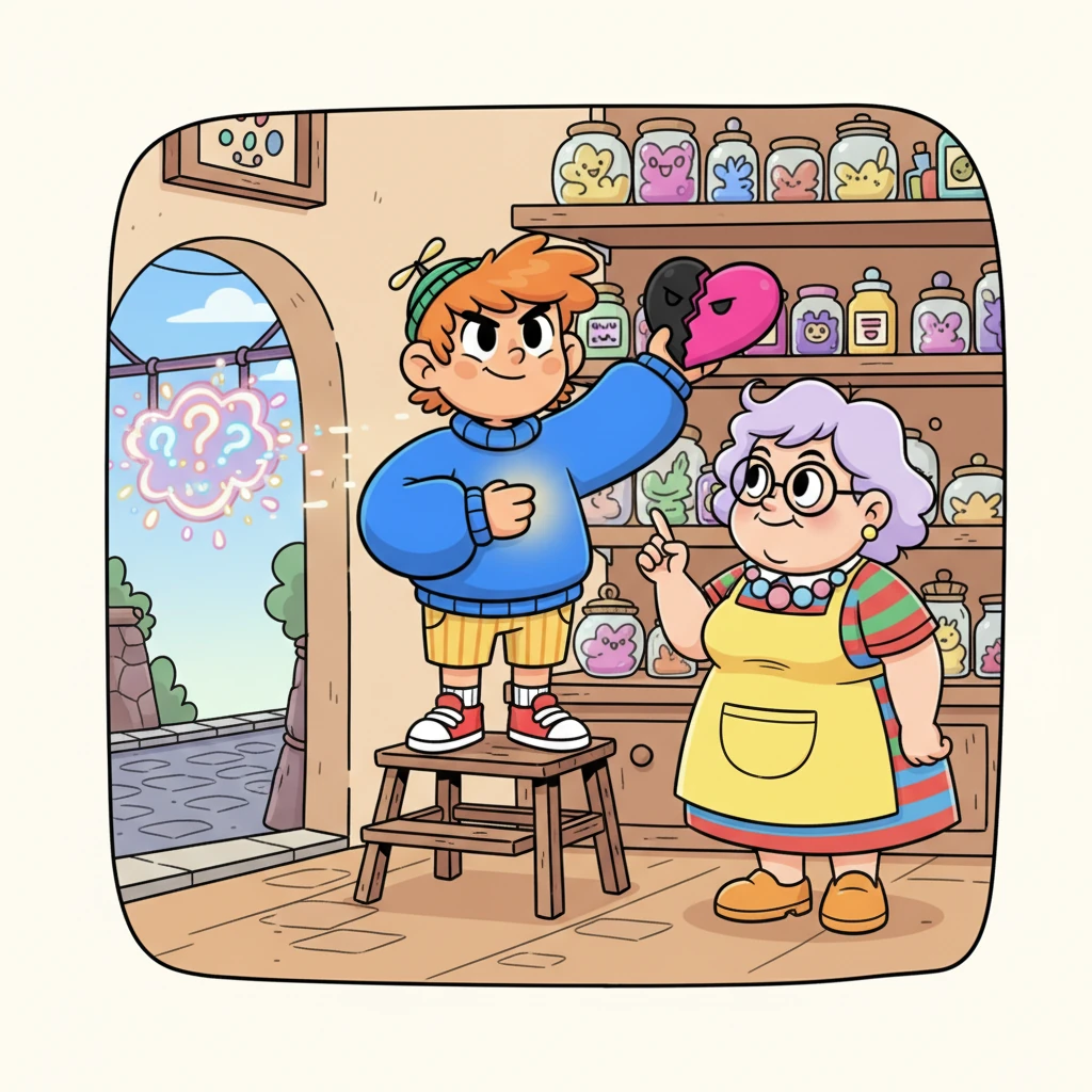 Leo firmly places Apathy back on its shelf. "I don't want to buy it anymore," he declares, his voice clear. "You've already paid the price," the Shop Owner replies, pointing gently to his heart. "By daring to feel again." As Leo steps out of the alley, the whimsical shop sign flickers and vanishes. He takes a deep breath, a genuine, complex expression on his face. "It might hurt," he thinks, a small, determined smile forming, "but at least... I'm still human."