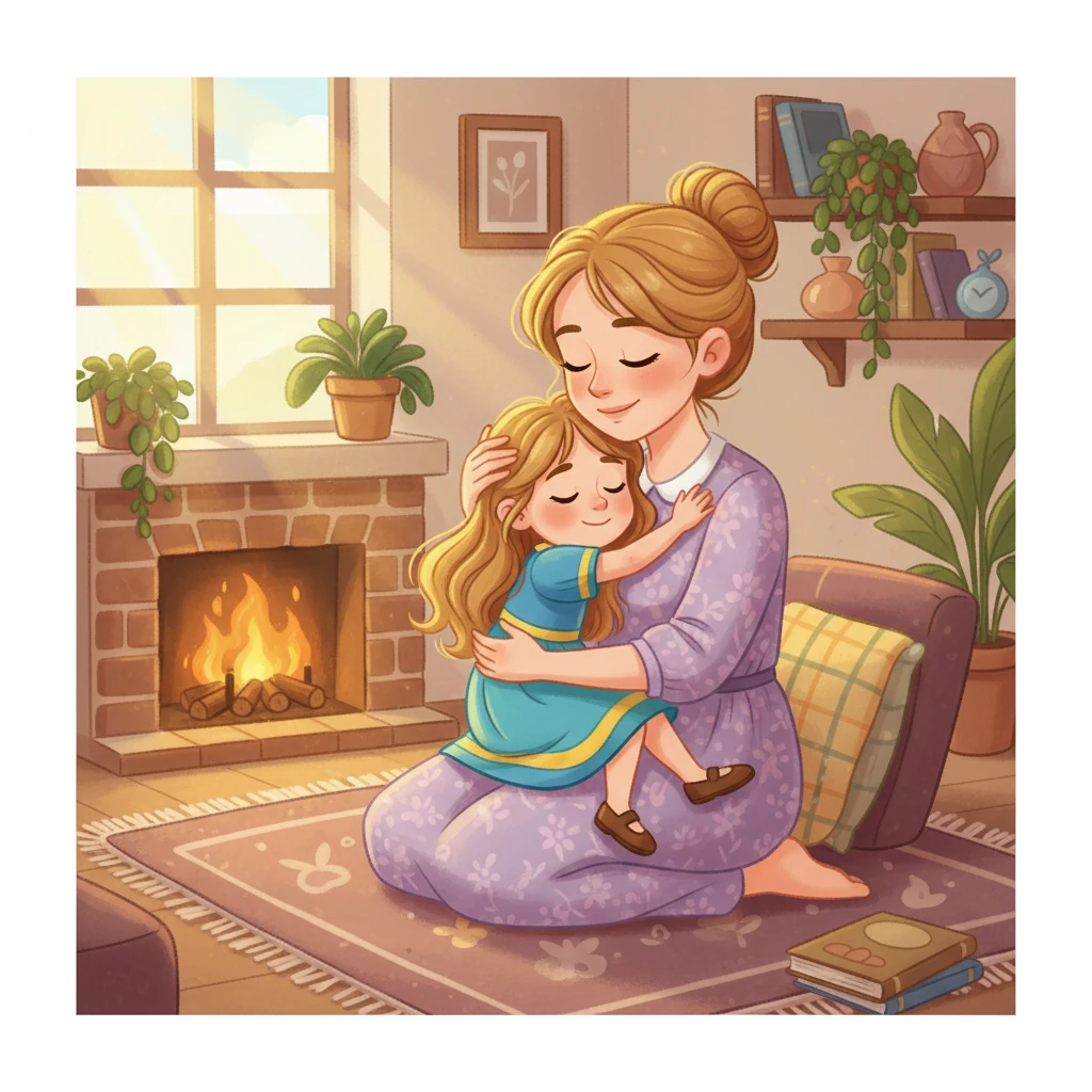 Айгүлдүн апасы аны кучактап, жылуу сөздөрүн айтып жатты. Апасы Айгүлдүн чачын сылап, ага дүйнөдөгү эң чоң сүйүүнү көрсөттү. Айгүл апасынын кучагында коопсуз сезди.