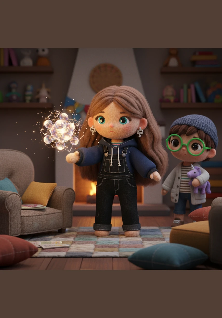 Victoria is in her bedroom, wearing her favorite black sweater with a striped cat and her squiggly earrings. She has long brown hair and bright blue eyes, and she is listening closely to a strange tapping sound coming from the basement.