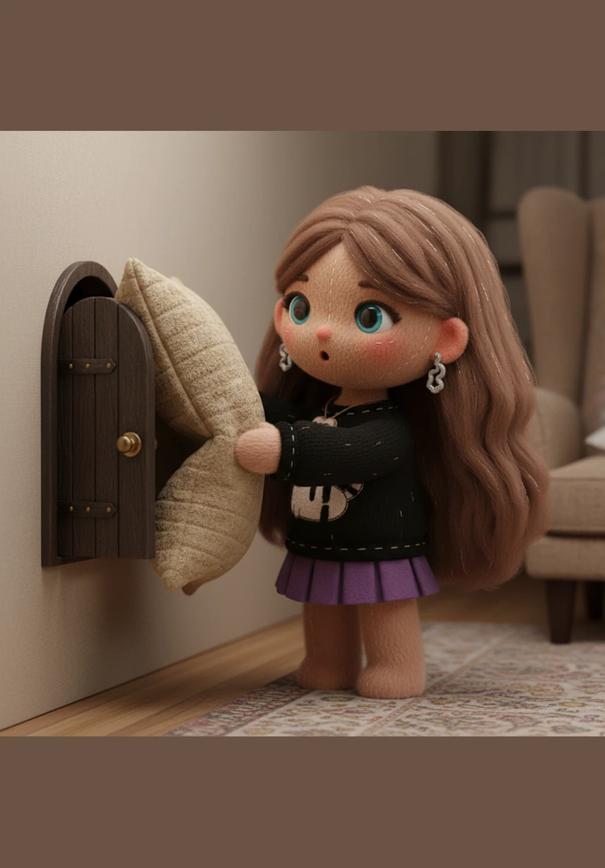 She moves the heavy cushions aside and is surprised to find a tiny wooden door hidden in the wall. She touches her heart-shaped BFF necklace and wonders where the door leads.