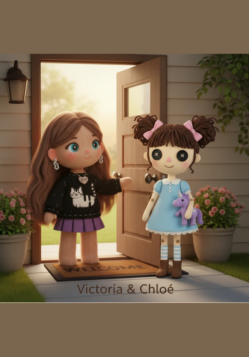 The doorbell rings, and Victoria's best friends, Charlotte and Chloe, arrive to play. Charlotte wears blue glasses and a pink dress, while Chloe wears purple glasses and a blue sweater, and they both wear their matching BFF necklaces.