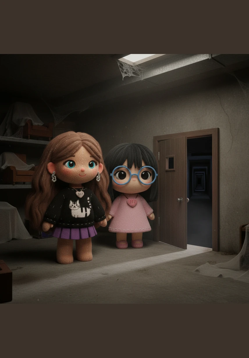 The three friends go down to the basement together and pull the tiny door open. They see a very long, dark corridor stretching out into the distance.