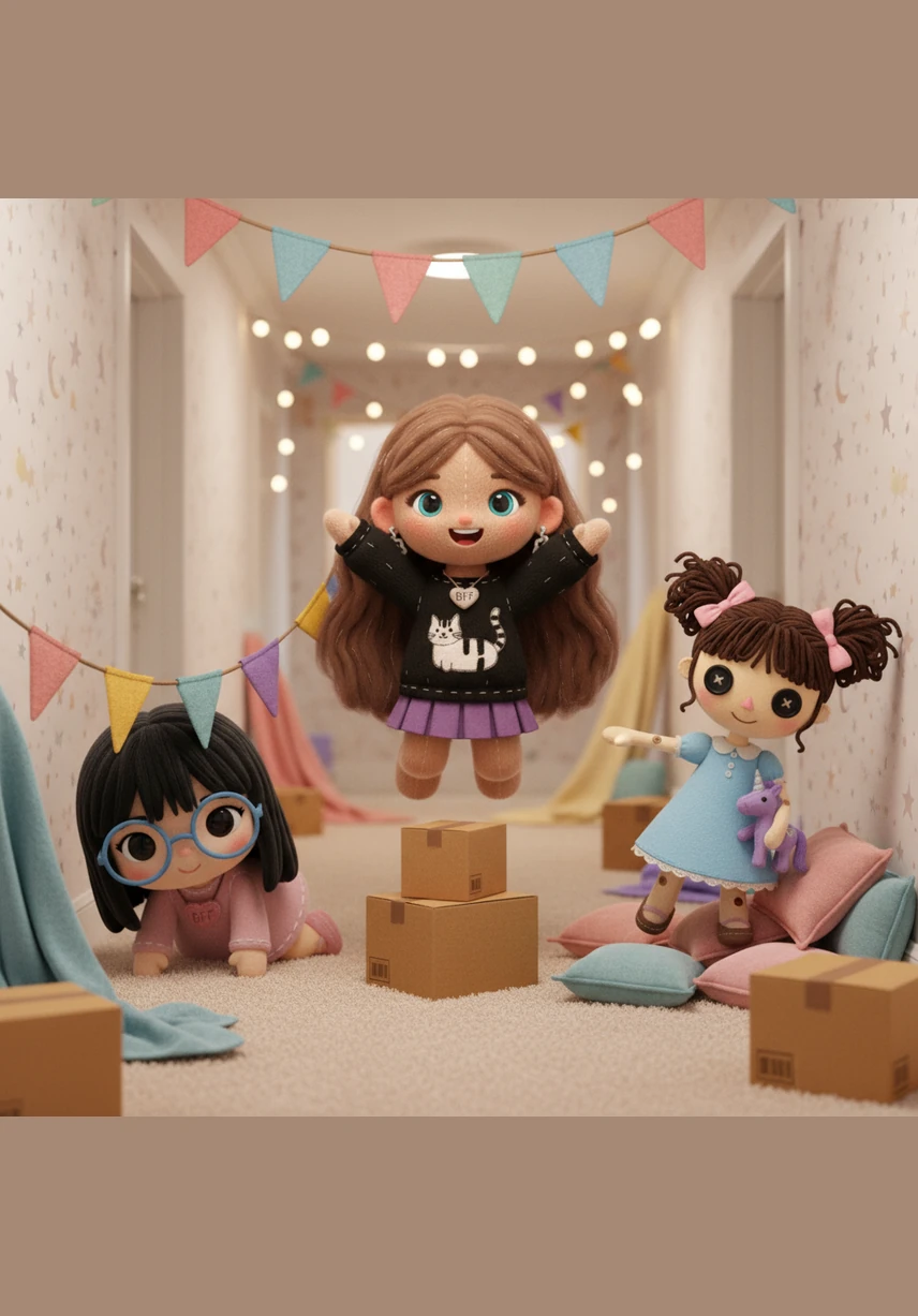 After enjoying their pizza, the girls continue down the corridor and face many fun obstacles. They laugh as they jump over boxes and crawl under low-hanging decorations in the hallway.