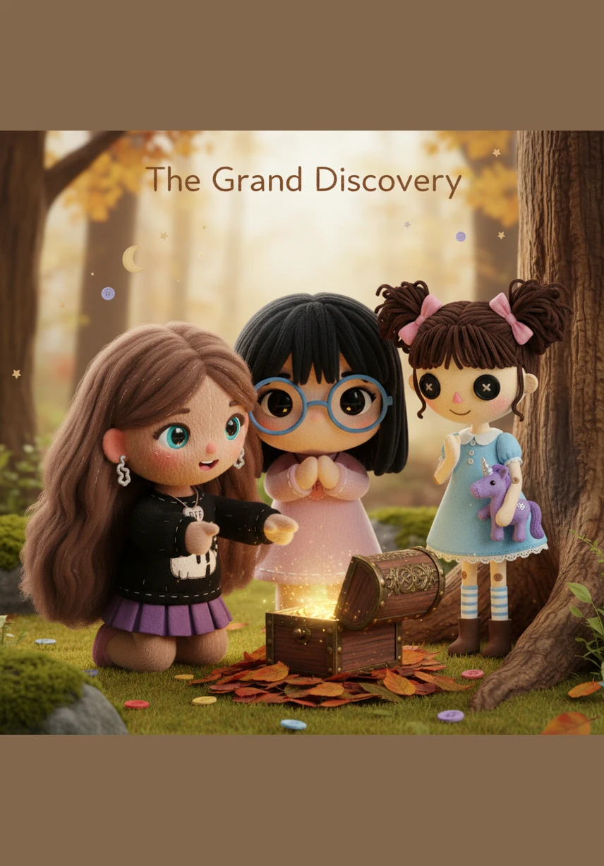 They finally reach a glowing door that shines with bright purple and blue light. Inside the room, they find a mysterious wooden chest with a large, inviting button on top.