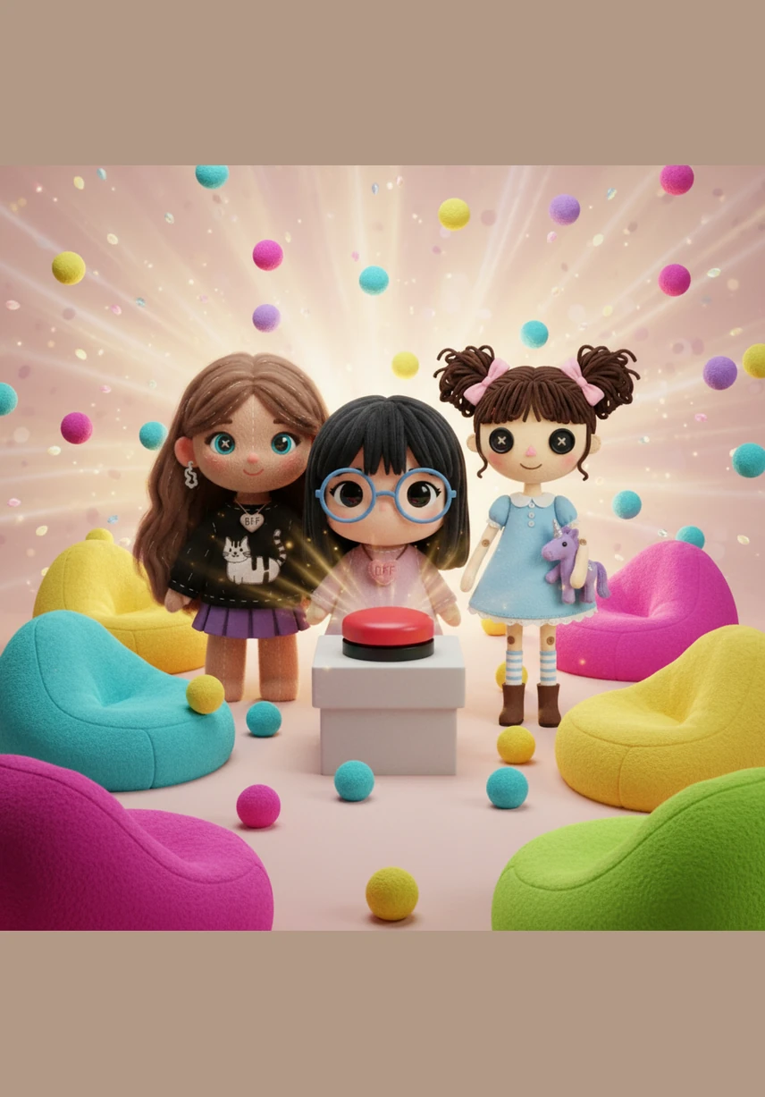 The three best friends place their hands together and press the big button at the same time. Suddenly, the room transforms into a magical space filled with cozy bean bags and colorful Nee-Doh toys.