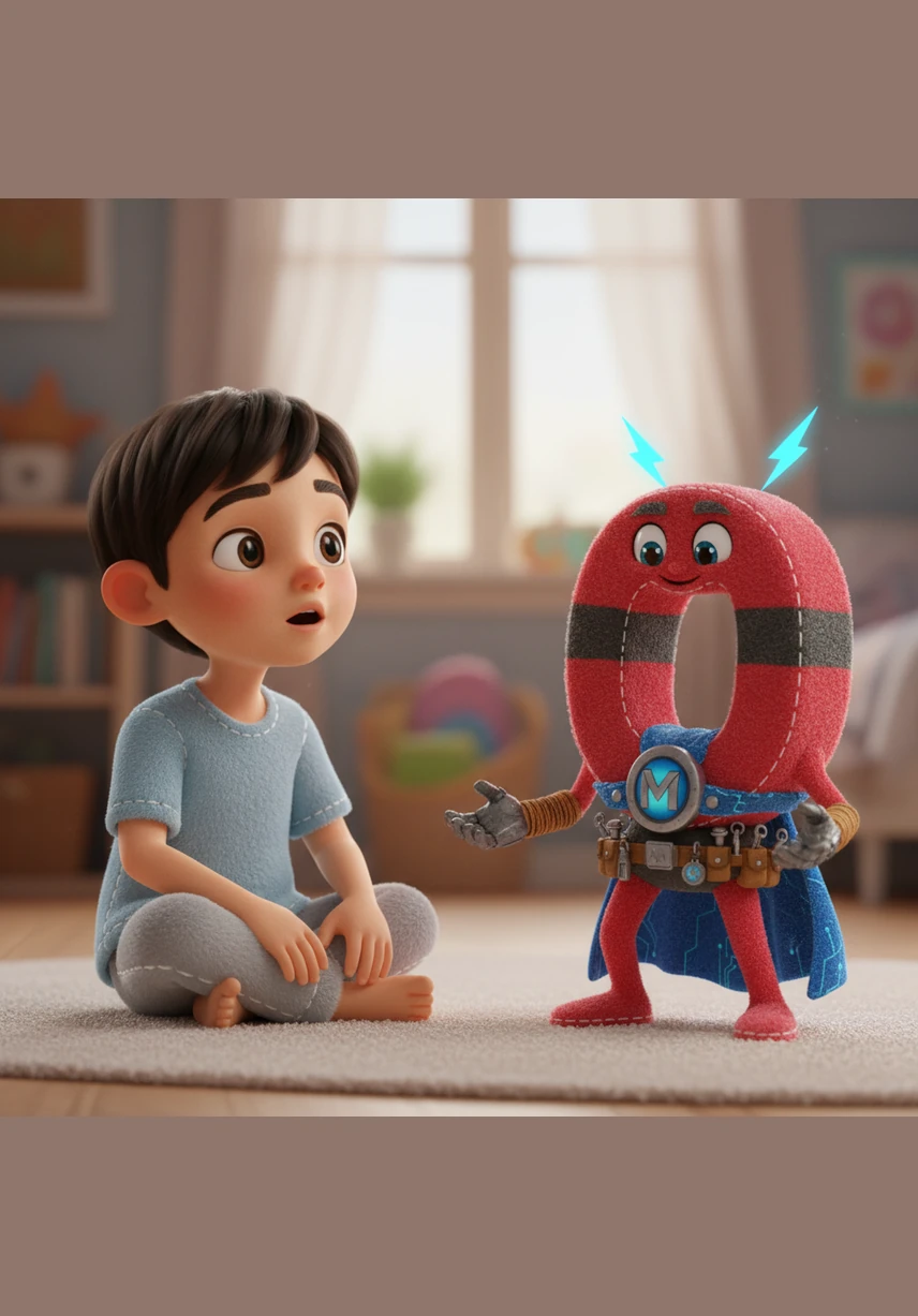 The magnet suddenly stands upright and looks at Salem with big, friendly eyes and a cheerful, animated face. It introduces itself as the Magic Magnet and explains with a funny voice that it is searching for its long-lost friends.