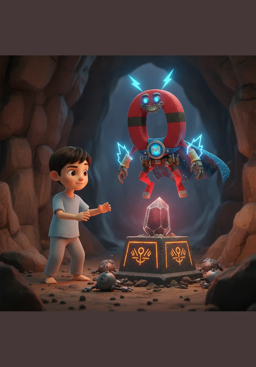 When Salem points the magnet toward a shiny metal key, it immediately jumps and clings to the magnet's side. The magnet happily explains that its best friends are always made of iron, nickel, or cobalt.