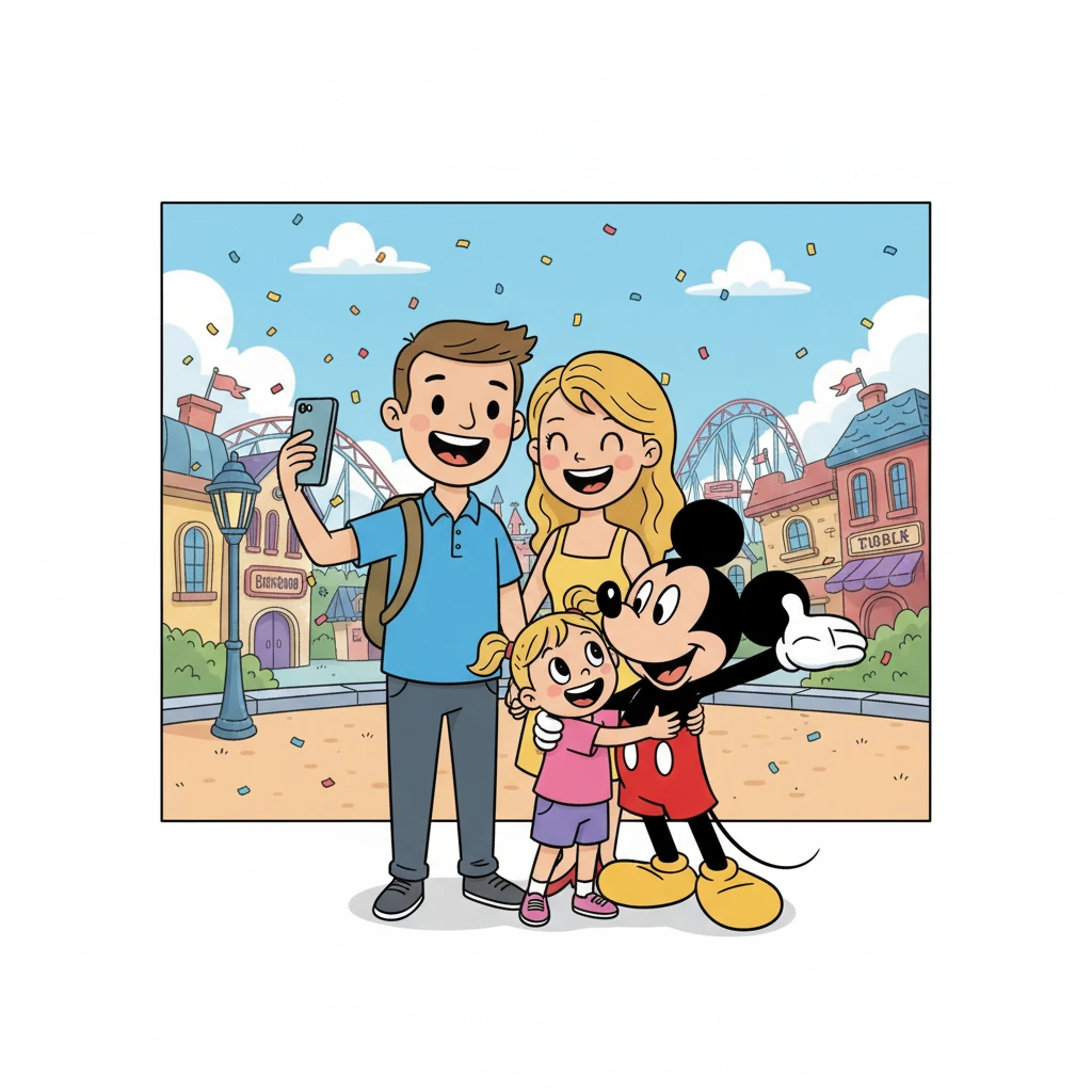 First, they met Mickey Mouse! Mickey greeted them with a big hug and a cheerful wave. Lily giggled as she posed with Mickey, her eyes sparkling with delight. John and Mary smiled, capturing the precious moment with a photo.
