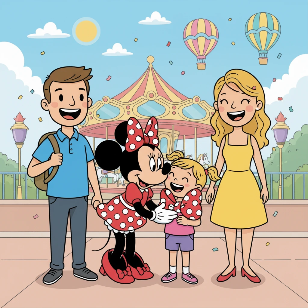 Next, they found Minnie Mouse! Minnie, in her polka-dot dress, gave Lily a sweet kiss on the cheek. Lily, now holding a Minnie Mouse bow, beamed with happiness. The family felt the joy of the day growing with each encounter.