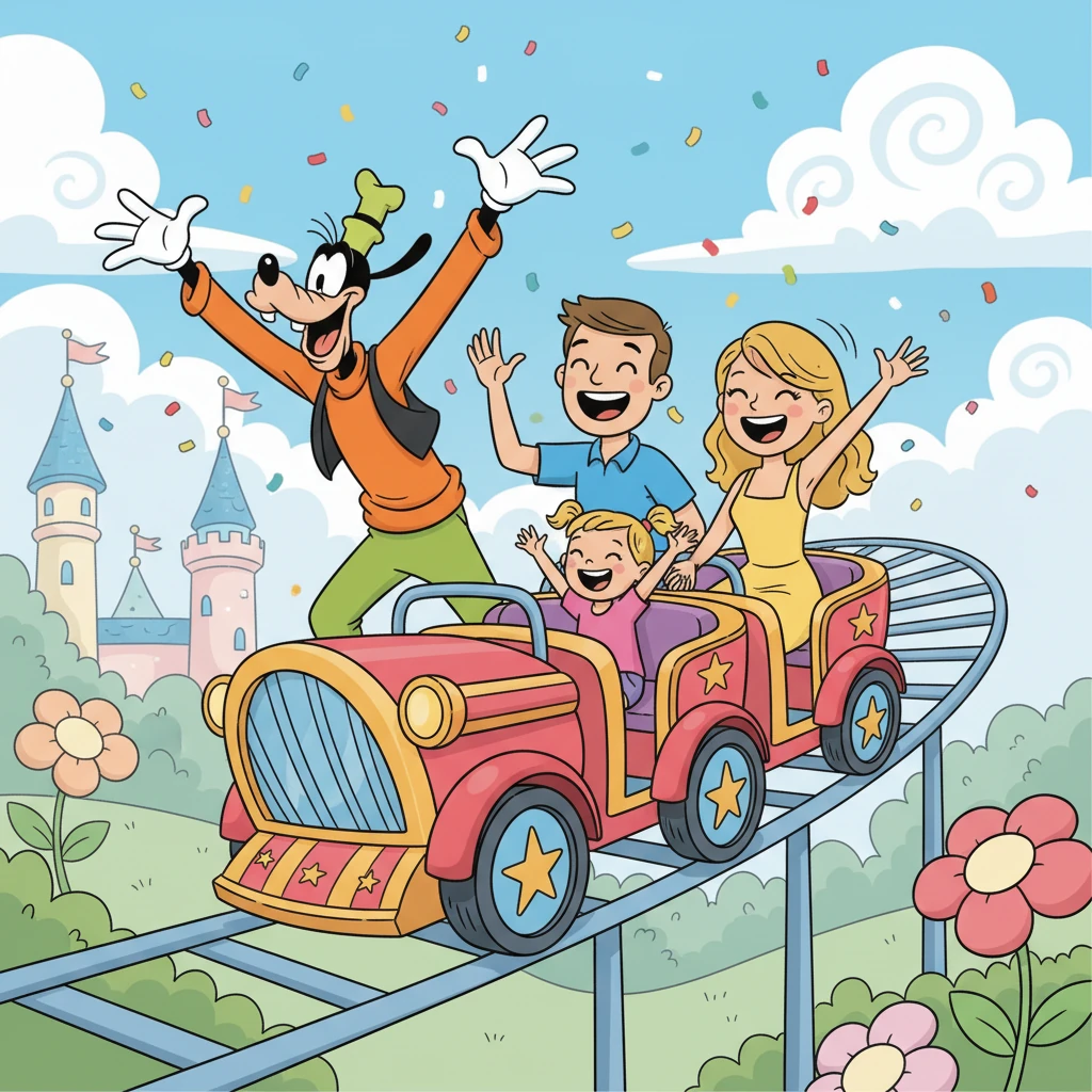 They hopped on a ride with Goofy! Goofy's silly antics made everyone laugh, and Lily couldn't stop giggling. They all waved as they zoomed around, embracing the fun of Disneyland.