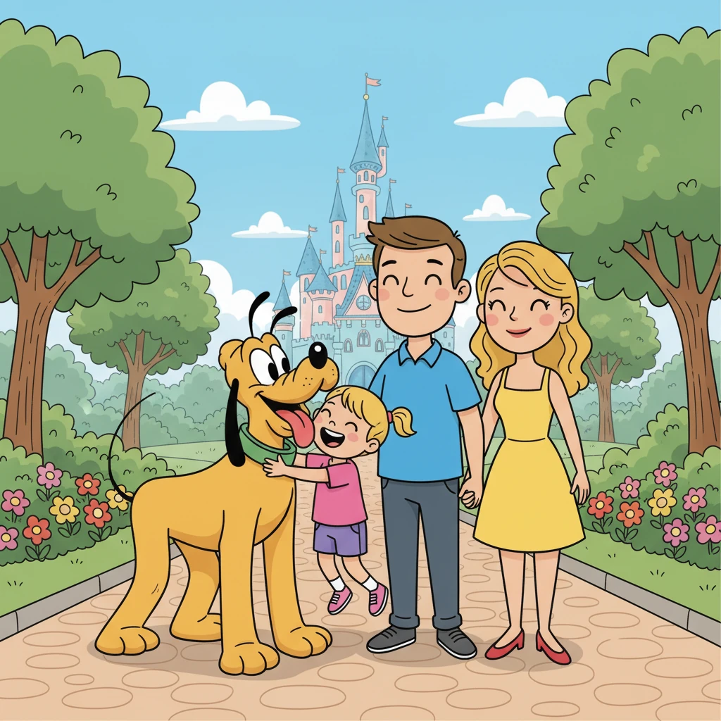 The family then met Pluto! Pluto, with his big floppy ears, happily wagged his tail and gave Lily a lick. Lily hugged Pluto, feeling the warmth of friendship. John and Mary watched, their hearts full of love.