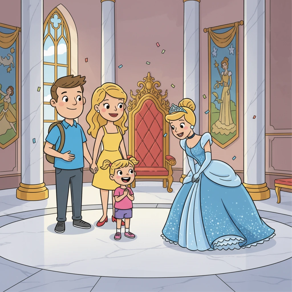 Lily was thrilled to meet Cinderella! Cinderella, in her beautiful gown, gave Lily a regal curtsy. Lily felt like a princess herself. John and Mary admired the timeless elegance of Cinderella.