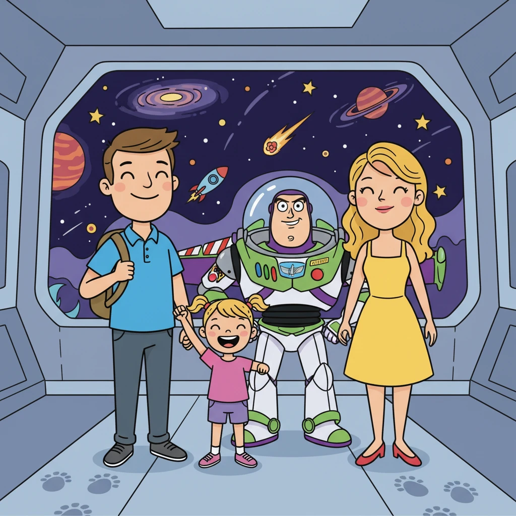 Buzz Lightyear was ready to blast off! Lily struck a heroic pose alongside Buzz, ready to save the galaxy. John and Mary were impressed by Buzz's bravery and Lily's enthusiasm.