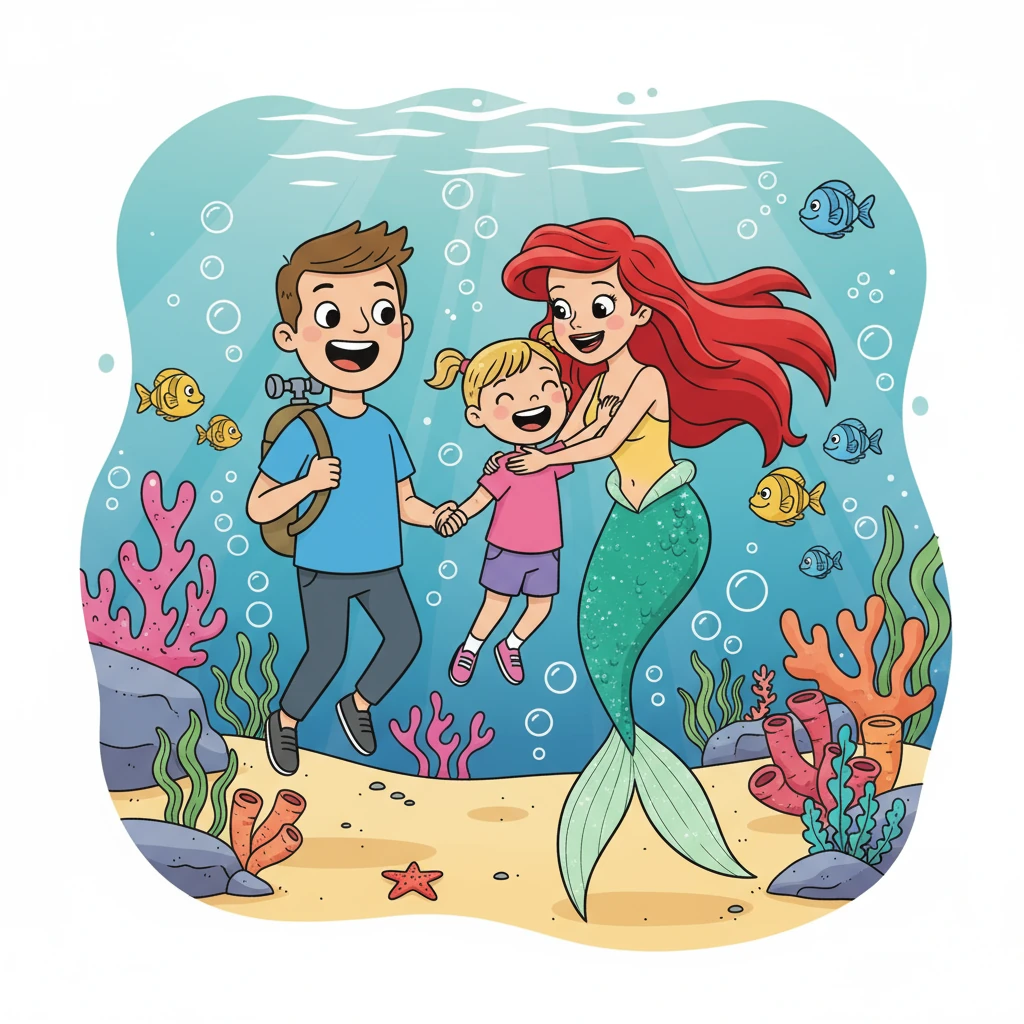 They met Ariel under the sea! Ariel, with her flowing red hair, gave Lily a mermaid hug. Lily felt the magic of the ocean. John and Mary were mesmerized by Ariel's beauty.