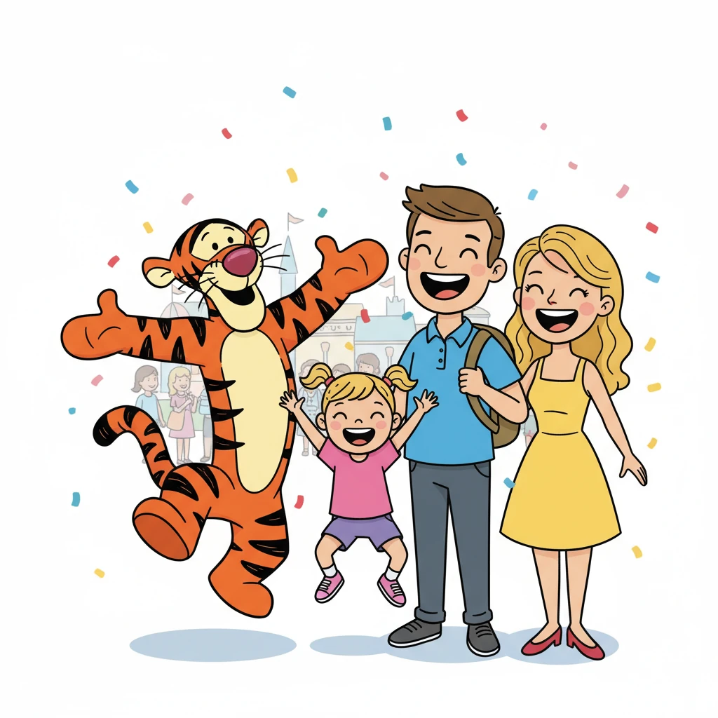The family took a photo with Tigger! Tigger's bouncy energy made Lily jump for joy. John and Mary laughed at Tigger's playful spirit.