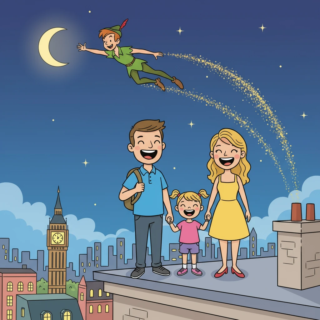 They found Peter Pan soaring through the sky! Peter Pan's playful energy and adventurous spirit filled Lily with excitement. John and Mary felt like kids again.