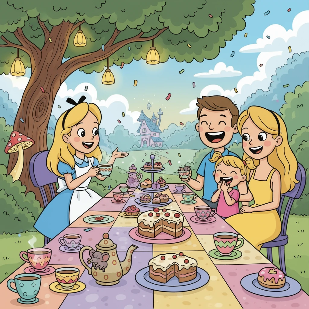 Alice from Wonderland invited Lily to a tea party! Lily giggled at Alice's curiosity. John and Mary smiled at Alice's wonder.