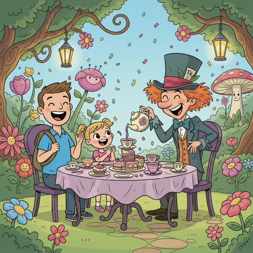 The Mad Hatter poured Lily some tea! Lily felt like she was a part of a fantastical dream. John and Mary enjoyed the absurdity.