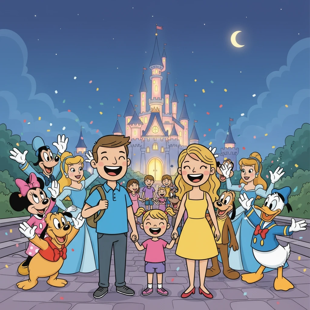 The day was coming to an end, but the memories were just beginning. The family posed for a final photo, surrounded by all the Disney characters they had met. Lily was the happiest girl in the world.