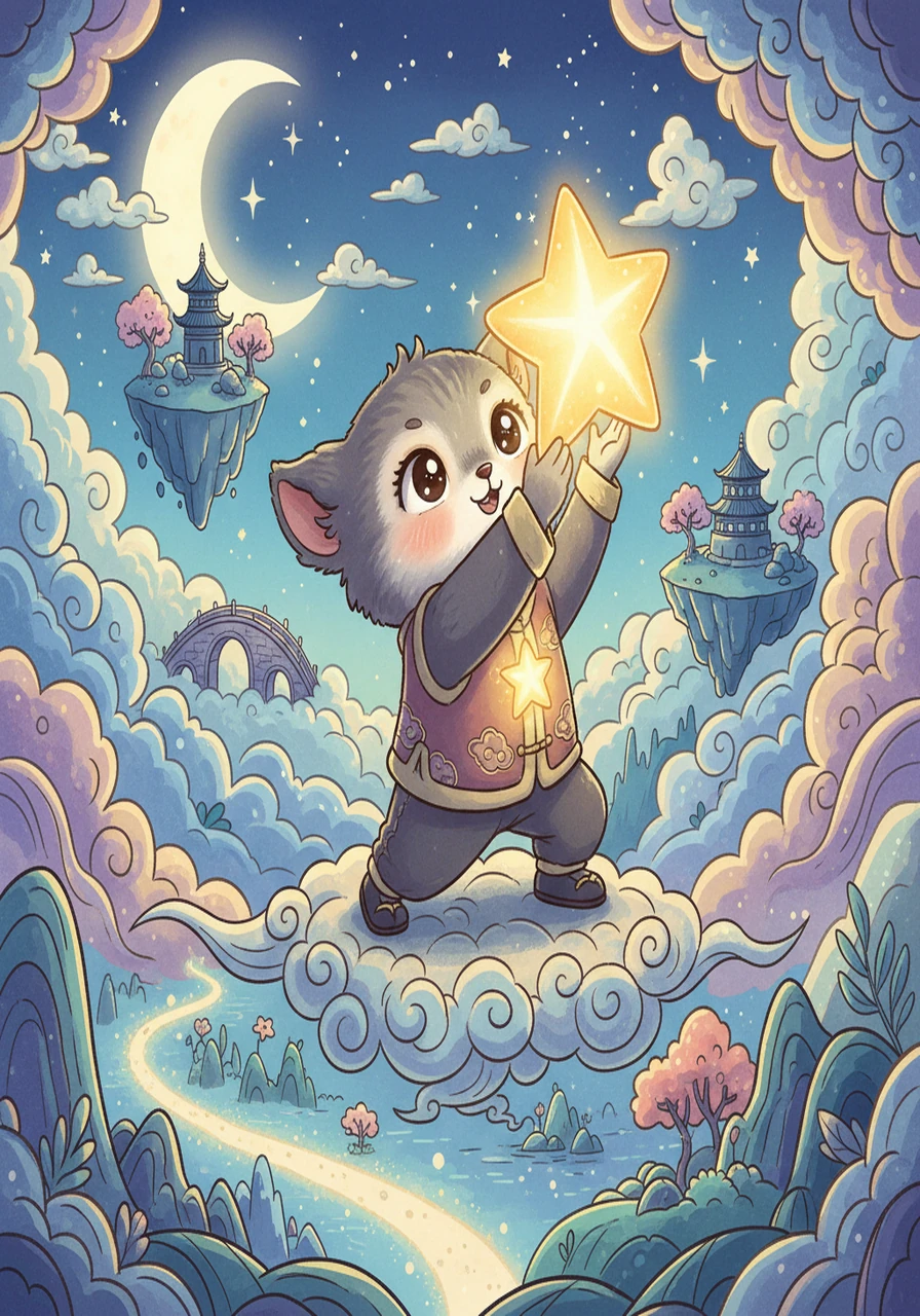 最终，小灰终于够到了那颗星星。他把星星捧在手里，它像一个温暖的光源，照亮了小灰的心。从那天起，小灰变得更加勇敢，敢于探索未知的世界。