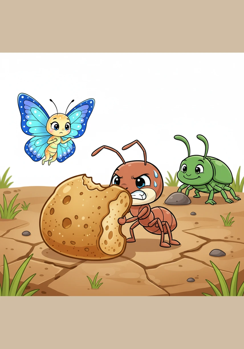 Andy reached out and tried to lift the edge of the crumb, but it wouldn't budge even an inch. He grunted and strained, quickly realizing that this delicious find was far heavier than any pebble he had ever carried before.