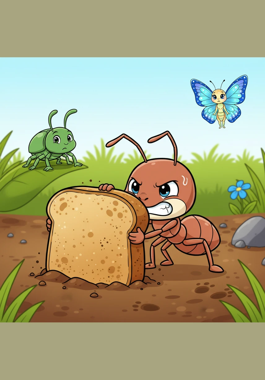 With a determined look on his face, Andy put his shoulder against the crumb and pushed with all his strength. He managed to move it just a tiny bit, leaving small footprints in the soft garden dirt as he struggled alone.