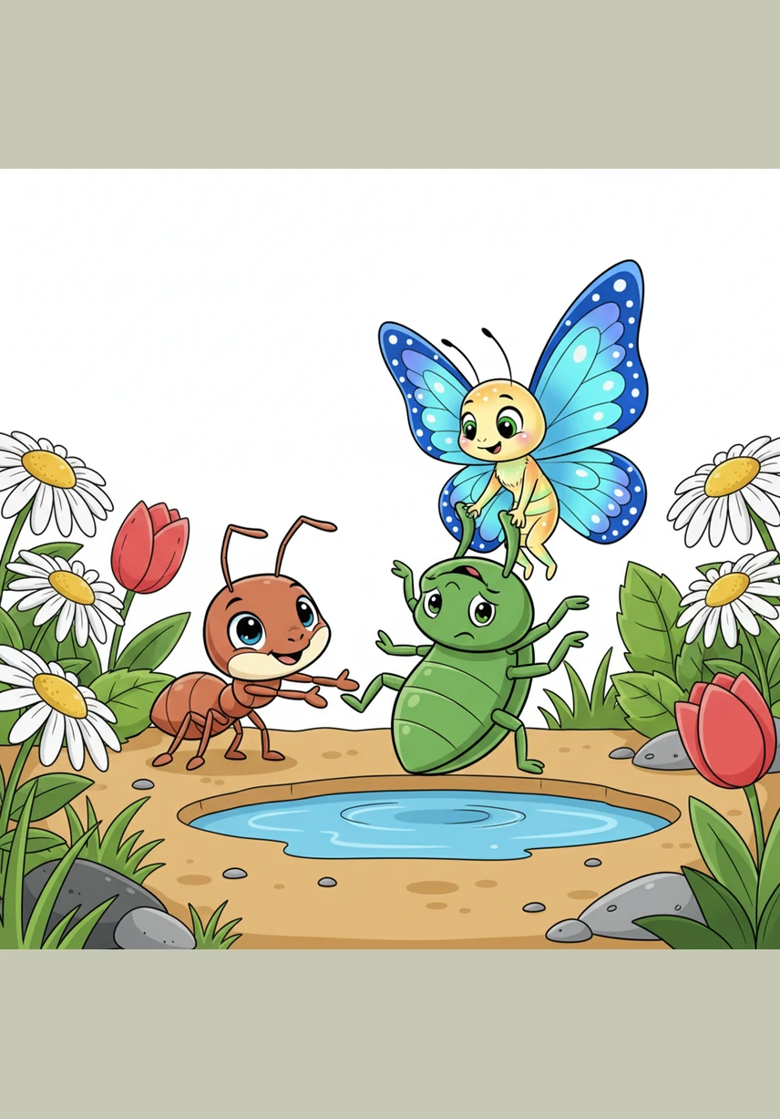 Soon, a sturdy green beetle and a cheerful red ladybug crawled over from the flowerbeds to see how they could help. They all gathered around the giant bread crumb, forming a colorful circle of willing helpers.