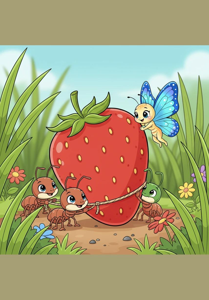 With the butterfly flapping her wings to keep their rhythm and the others pushing together, the crumb finally began to slide easily across the ground. The group moved steadily through the grass, laughing and chatting as they worked as one.