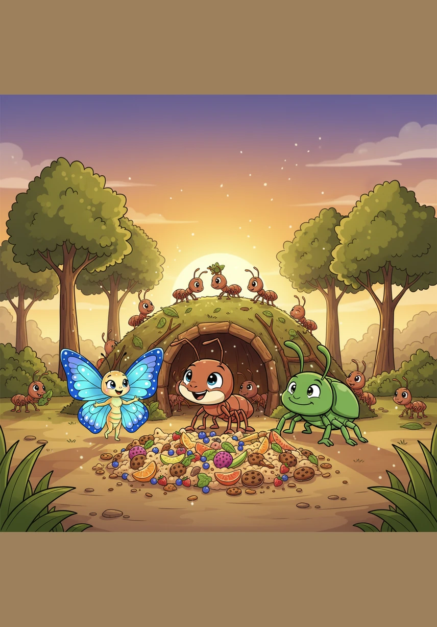 They finally reached the entrance of the bustling ant hill just as the golden sun began to set behind the trees. Andy felt a swell of pride and relief as he looked at the massive feast they had successfully transported across the garden.