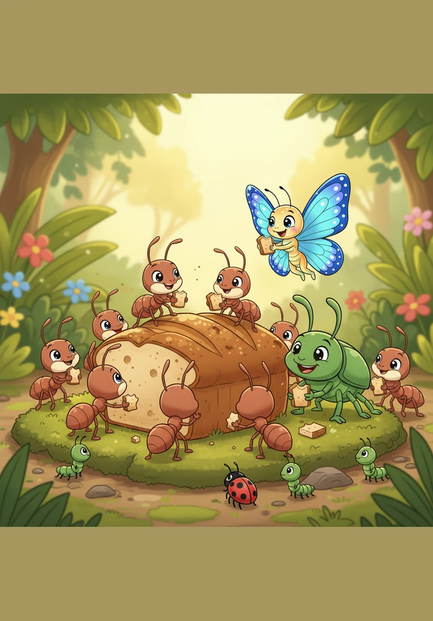 All the ants emerged from their home to celebrate and share the delicious bread with their helpful garden guests. Everyone felt full, happy, and content, knowing that friendship makes every burden light and every meal taste better.
