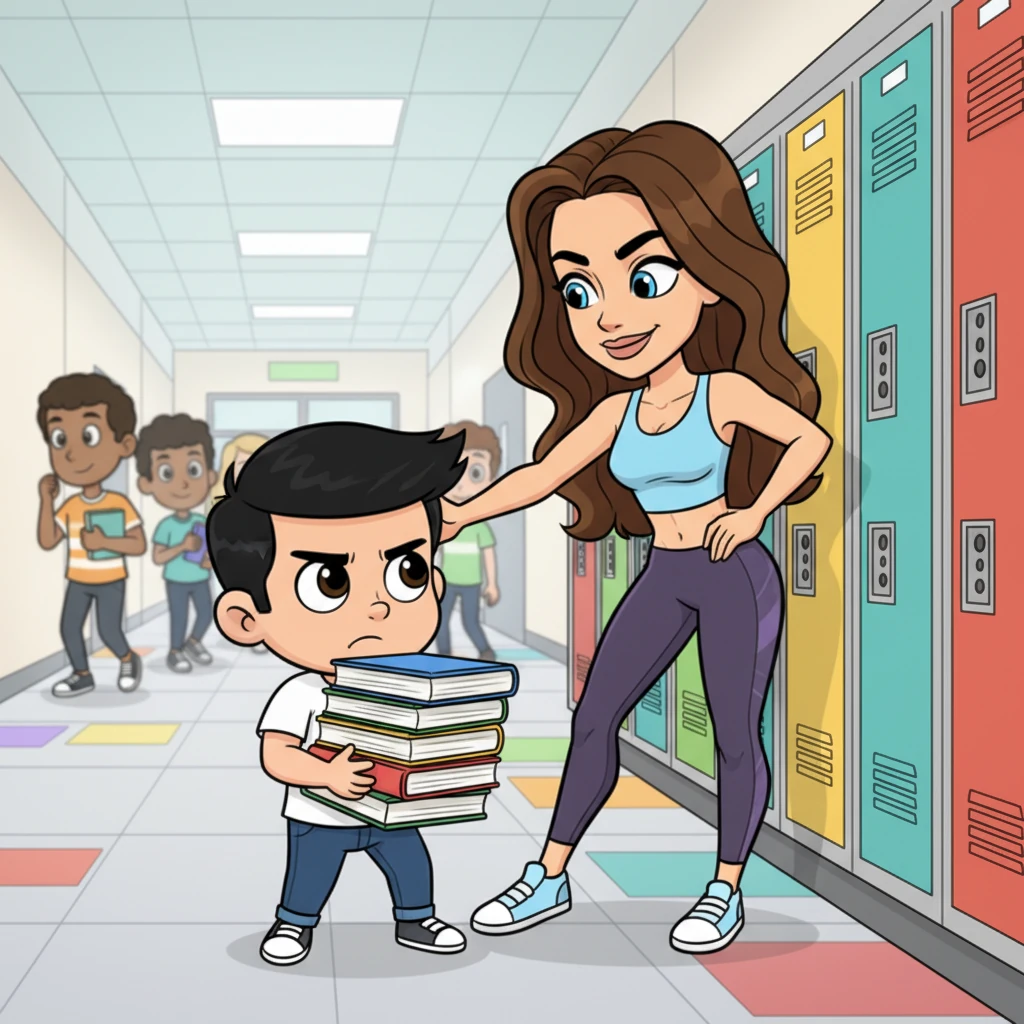 The bustling high school hallway is alive with vibrant colors as senior Sarah, with an athletic build and a confident smirk, dramatically leans against a locker. Her bright blue eyes sparkle mischievously as she playfully shoves a much smaller Ray, whose expressive face shows a mix of annoyance and resignation. Ray, with his sleek black hair and a stack of books, tries to navigate past her, his slight frame comically contrasting with her dominant presence. Bold, clean outlines define their exaggerated forms against the cheerful backdrop of school life.