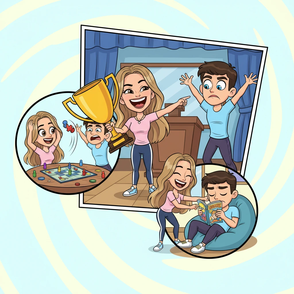 A whirlwind montage of past moments flashes by in a series of dynamic, overlapping panels, each showing Sarah's triumphant grin and Ray's exasperated frown. From a comically oversized trophy in a school competition to a board game where Sarah gleefully flips the winning piece, her victories are always punctuated by her playful, yet cutting, taunts. Ray's simplified features convey his perpetual frustration, his dark eyes rolling skyward as Sarah's exaggerated finger pokes his cheek in victory. The vibrant color palette remains cheerful, highlighting the one-sided rivalry.