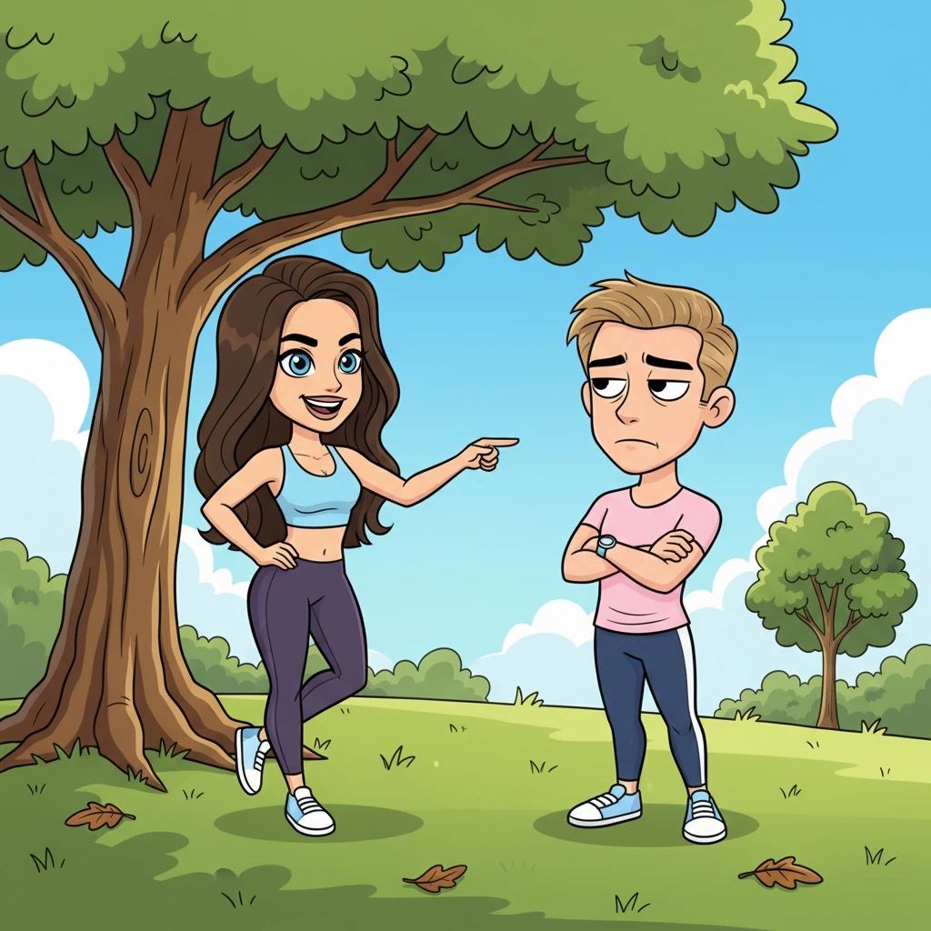 Under the shade of a towering oak tree on a bright, sunny afternoon, Sarah strikes a dramatic pose, her long legs crossed and a confident challenge in her bright blue eyes. She points a playful yet firm finger at Ray, who stands before her with his arms crossed, his face a mask of weary disdain. Her words, invisible but clearly powerful, hang in the air, transforming the cheerful park into a stage for their ultimate confrontation. Ray's slight frame seems to brace for impact, his dark eyes narrowed in intense dislike.