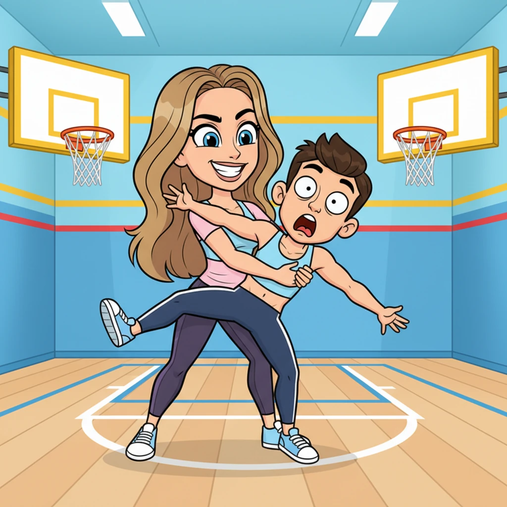 The school gym, awash in bright, cheerful blues and yellows, becomes an arena for their whimsical struggle. Sarah, with an exaggeratedly determined grin, playfully grapples with Ray, her powerful athletic build making her movements look effortless yet dynamic. Ray, though agile, is clearly outmatched, his limbs flailing with comic desperation as he tries to escape her playful but firm hold. Their dynamic poses and expressive faces tell a story of a one-sided contest, filled with exaggerated effort and inevitable outcome.