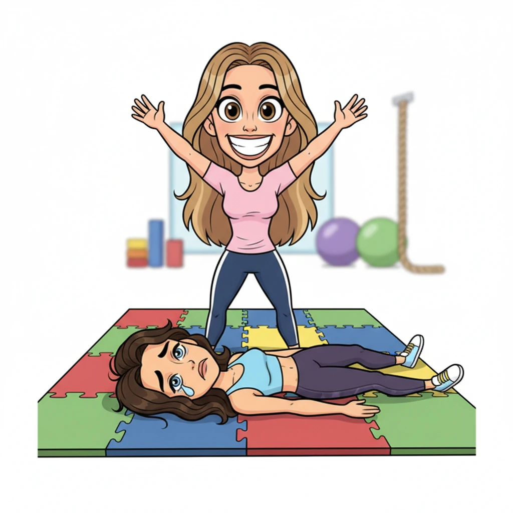 Sarah stands over a comically defeated Ray, who is sprawled on the brightly colored gym mat, his dark hair a mess and his face a picture of utter despair. Her triumphant grin stretches from ear to ear, her arms thrown wide in a gesture of ultimate victory as she declares her prize. The scene is filled with bright, celebratory colors, but Ray's slumped posture and exaggerated frown create a poignant contrast, emphasizing his utter resignation to his fate. A single, comical tear might even escape his eye.